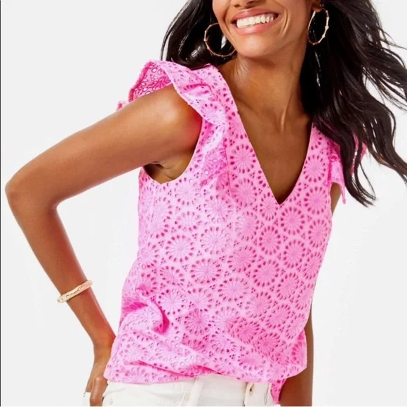 Lilly Pulitzer Hot Pink Eyelet V-Neck Ruffle Sleeve Lina Top - Picture 1 of 5
